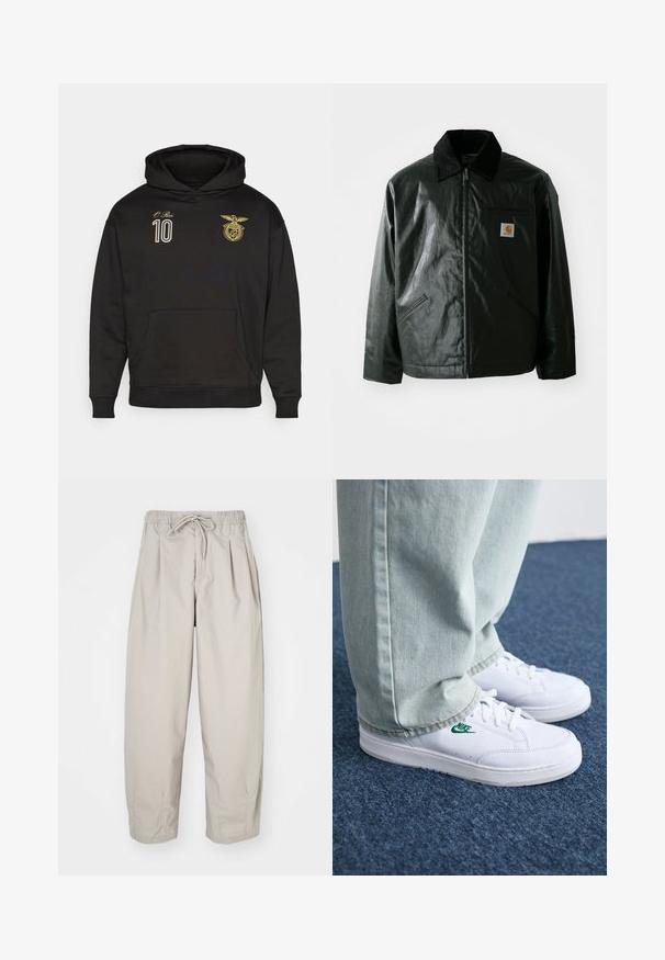 Juodas užtrauktuku užsegamas švarkas, pagamintas iš glotnaus, blizgaus medžiagos. Savybė - keteros apykaklė, dvi priekinės kišenės ir mažas logotipo ženklelis ant krūtinės.; Juodas medvilnės džemperis su priekine kišene, su auksiniu siuvinėjimu, vaizduojančiu herbinį ženklą ir numerį "10" ant krūtinės.; Šviesiai rudi, lengvi kelnių su elastine juosta ir raišteliu. Turintys klostes ir laisvą siluetą, pagaminti iš minkštos, glotnios medžiagos.; Balti odiniai sportbačiai su žaliu Nike logotipu, apvalia nosimi, plokščiu padu, derinami su šviesiai mėlynomis džinsinėmis kelnėmis, rodomi ant mėlynos kiliminės dangos.