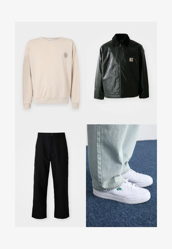 Black zip-up jacket made of smooth, shiny material. Features a corduroy collar, two front pockets, and a small logo patch on the chest.; Beige sweatshirt made of soft fabric, featuring a crew neck, long sleeves, and a small sun graphic on the left chest.; Black straight-leg pants with belt loops, front button, and zip closure on plain light background.; White leather sneakers with green Nike logo, round toe, flat sole, paired with light blue denim pants, shown on a blue carpet.