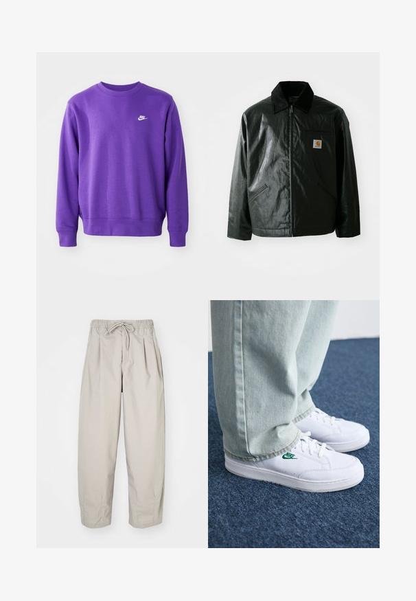 Fekete zipzáros dzseki sima, fényes anyagból. Kordbársony gallérral, két elülső zsebbel és egy kis logós felvarrással a mellkason.; Lila Nike pulóver klasszikus kerek nyakkivágással, bordás mandzsettával és aljjal, kis fehér logóval a mellkason. Puha, texturált anyag.; Beige, könnyű nadrág, rugalmas derékkal és zsinórral. Ráncokkal és laza szabással rendelkezik, puha, sima anyagból készült.; Fehér bőr sportcipők zöld Nike logóval, kerek orral, lapos talppal, világoskék farmernadrággal párosítva, kék szőnyegen bemutatva.