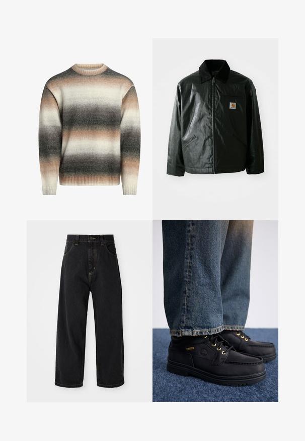 Veste noire zippée en matériau lisse et brillant. Elle dispose d'un col en velours côtelé, de deux poches avant et d'un petit écusson logo sur la poitrine.; Pull en tricot avec un col rond, des poignets côtelés et un motif dégradé dans des tons de crème, beige et gris. Texture douce et coupe décontractée.; Jeans en denim noirs à coupe large avec taille haute, bouton avant, fermeture éclair et surpiqûres jaunes sur les poches et les coutures.; Chaussures en cuir noir avec œillets dorés et finition texturée, associées à un jean en denim bleu. Les chaussures présentent une semelle superposée et un détail de marque.