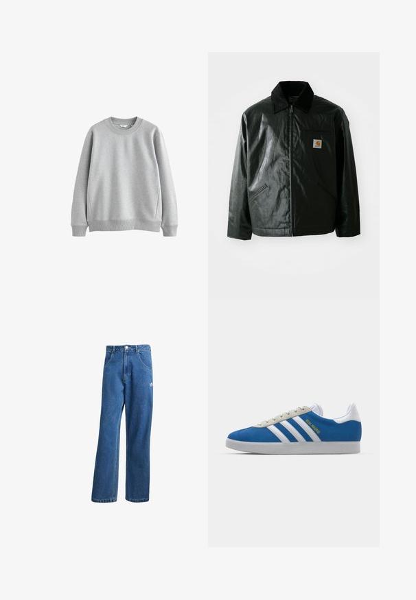 Jachetă neagră cu fermoar, confecționată dintr-un material neted și lucios. Prezintă un guler din catifea, două buzunare frontale și un mic logo brodat pe piept.; Hanorac gri cu guler rotund, manșete și tiv cu textură ribbed. Fabricat dintr-un material moale cu o textură fină, având un design simplu.; Jeans din denim cu talie înaltă, cu picioare largi, de culoare albastră, cu buzunare frontale, bucle pentru centură, închidere cu nasture și un mic logo Adidas pe coapsa dreaptă.; adidas Originals ADIDAS GAZELLE SHOES - Ghete de fotbal de sală - real madrid/bluebird/footwear white/crew yellow