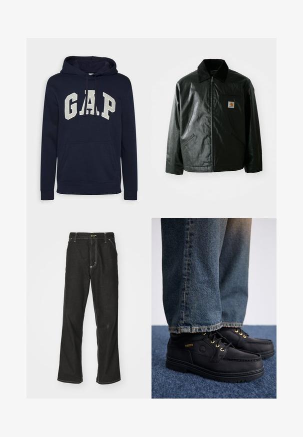 Black zip-up jacket made of smooth, shiny material. Features a corduroy collar, two front pockets, and a small logo patch on the chest.; Navy blue cotton hoodie featuring a large, light gray "GAP" logo, front pouch pocket, and drawstrings at the hood. Classic design with ribbed cuffs.; Black denim jeans with a loose fit, featuring contrasting white stitching, a button closure, and a straight leg design.; Black leather shoes with gold eyelets and a textured finish, paired with blue denim jeans. Shoes feature a layered sole and branding detail.