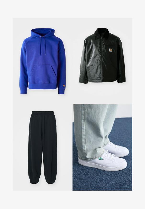 Must mustaga, läikiva materjaliga musta värvi jakk. Omab kordonilõikega kraed, kahte esikäe taskut ja väikest logo sildi rinnal.; Sinine puuvillane kapuutsiga sviiter, millel on avar eesmine tasku, reguleeritav kapuutsinööri ja soonitud mansetid. Kätel on oranž logo.; Mustade elastse vöökoha ja laia lõikega dressipüksid, mansetiga sääred, sile tekstuur ning ilma nähtavate mustrite või detailideta.; Valged nahast tennisetossud rohelise Nike logo ja ümarate varvastega, lamedate taldadega, koos helesiniste teksapükstega, esitatud sinisel vaibal.