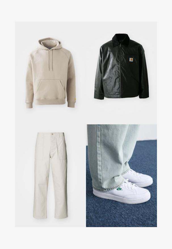 Fekete zipzáros dzseki sima, fényes anyagból. Kordbársony gallérral, két elülső zsebbel és egy kis logós felvarrással a mellkason.; Khaki színű kapucnis pulóver nagy elülső zsebbel, bordázott mandzsettákkal és aljjal. Állítható húzózsinórral és laza fazonnal rendelkezik. Puha anyagból készült.; Világos bézs, bő szárú nadrág, pamutból készült. Elöl zsebekkel és gombos záródással rendelkezik. Simított textúrájú, finom függőleges csíkokkal.; Fehér bőr sportcipők zöld Nike logóval, kerek orral, lapos talppal, világoskék farmernadrággal párosítva, kék szőnyegen bemutatva.