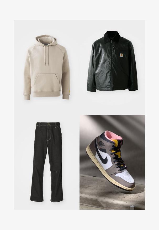 Mustat vetoketjulliset takit, jotka on valmistettu sileästä, kiiltävästä materiaalista. Sisältää kangastakin kauluksen, kaksi etutaskua ja pienen logopatchin rinnassa.; Vihreähuppari, jossa on suuri etutasku, ribbireunat hihansuissa ja helmassa. Varustettu säädettävillä nyöreillä ja rentoa istuvuutta. Valmistettu pehmeästä kankaasta.; Mustat farkut, joissa on löysä istuvuus, erottuva valkoinen ompelu, nappikiinnitys ja suora lahje.; Korkeavartiset Nike Air Jordan -lenkkarit valkoisena, harmaana ja mustana vaaleanpunaisella sisäosalla ja keltaisella kielillä, asetettuna betonipinnalle.