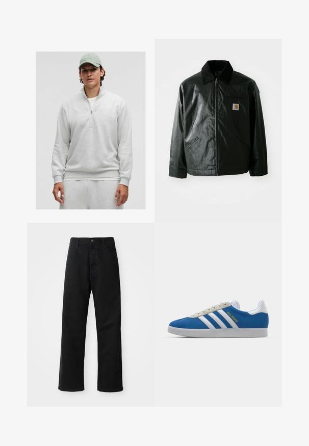 Crna zip-up jakna izrađena od glatkog, sjajnog materijala. Ima okovratnik od kordura, dva prednja džepa i mali logotip na prsima.; Svijetlosivi dukserica sa zipom, dugih rukava, meke teksture i rebrastim manžetama. Nosi se preko bijele košulje, u kombinaciji s odgovarajućim hlačama.; Crne traperice ravnog kroja, s prednjim džepovima, patentnim zatvaračem i jednim gornjim dugmetom. Teksturirana tkanina s mat završetkom.; adidas Originals ADIDAS GAZELLE SHOES - Dvoranske nogometne kopačke - real madrid/bluebird/footwear white/crew yellow
