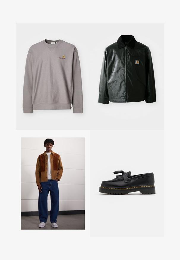 Black zip-up jacket made of smooth, shiny material. Features a corduroy collar, two front pockets, and a small logo patch on the chest.; Gray sweatshirt with a crew neckline, ribbed cuffs, and a subtle logo in embroidered yellow and burgundy. Made of soft, textured fabric.; Man standing indoors wearing a brown corduroy jacket with rust patches, white t-shirt, loose blue jeans, and white sneakers.; Black leather loafer with a tasseled accent, featuring a chunky black sole and yellow stitching along the edge. Textured finish.