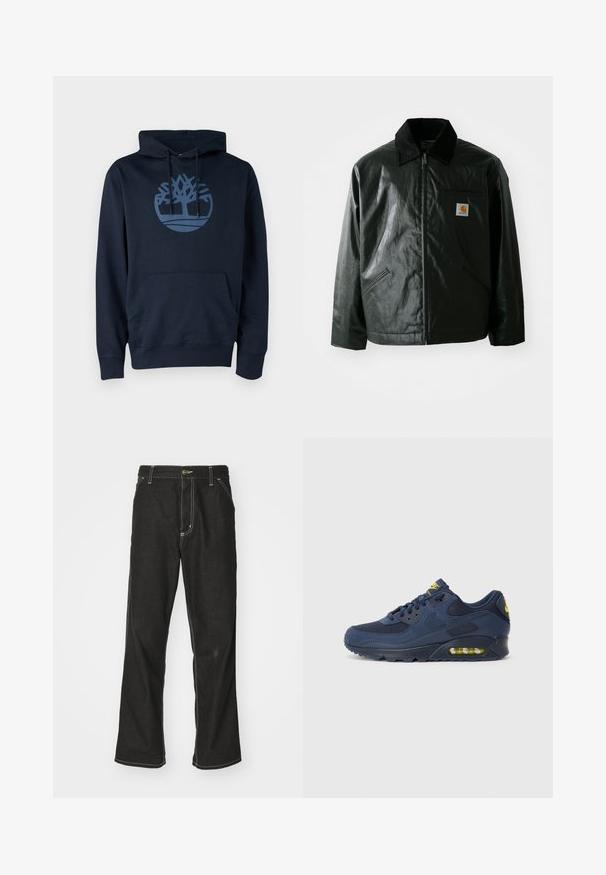 Casaco preto com fecho éclair, feito de material liso e brilhante. Apresenta um colarinho de veludo, dois bolsos frontais e um pequeno emblema no peito.; Sweatshirt azul marinho feito de um tecido de algodão misto, com um bolso frontal e um logótipo de árvore circular em azul claro no peito.; Calças de ganga pretas de corte largo, com costuras brancas em contraste, fecho de botão e design de perna reta.; Tenis Nike Air Max azul marinho com parte superior em camurça e malha, com detalhes amarelos, fecho de atacadores na frente e amortecimento visível na sola.