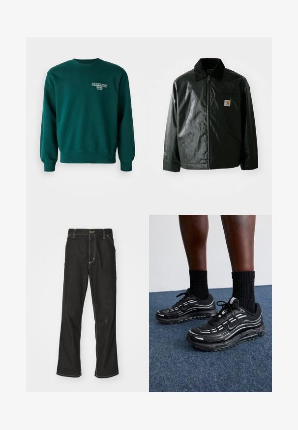 Giacca nera con zip realizzata in materiale liscio e lucido. Presenta un colletto in corduroy, due tasche frontali e una piccola patch con logo sul petto.; Felpa verde realizzata in tessuto misto cotone, con colletto a girocollo a coste, maniche con polsino, e un piccolo logo bianco sul davanti.; Jeans in denim nero con una vestibilità ampia, caratterizzati da cuciture bianche a contrasto, chiusura a bottone e un design a gamba dritta.; Le scarpe Nike nere presentano una tomaia in mesh con strisce a contrasto, lacci testurizzati e una suola in gomma nera. Indossate con calze nere a costine.