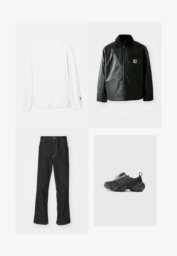 Čierna bundu na zips vyrobenú z hladkého, lesklého materiálu. Obsahuje kordový golier, dve predné vrecká a malú nášivku s logom na hrudi.; Biely pulóver s dlhými rukávmi a okrúhlym výstrihom, s rebrovanými manžetami a stredným švom, ktorý prebieha vertikálne po prednej strane. Mäkká tkanina.; Čierne denimové nohavice s voľným strihom, s kontrastným bielym prešívaním, uzáverom na gombík a rovnými nohavicami.; Čierne športové topánky so štíhlym dizajnom, so štruktúrovaným zvrškom, šedými akcentmi a robustnou podrážkou s modrými protišmykovými nopkami.