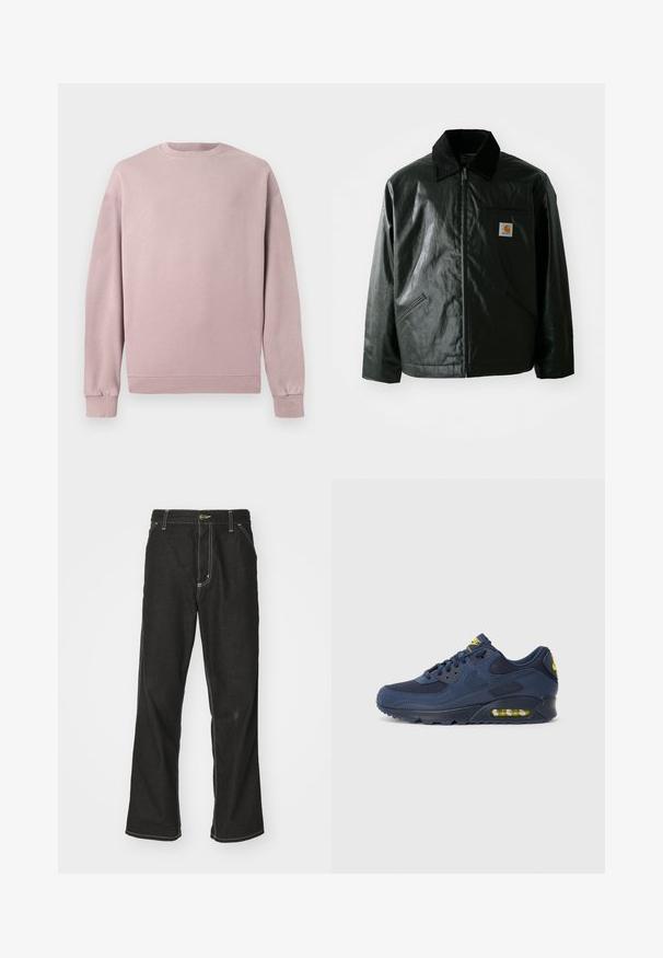 Svart zip-up jakke laget av jevnt, blankt materiale. Har en kordfløyelskrage, to frontlommer og en liten logo-lapp på brystet.; Lys rosa genser med klassisk rund hals, ribbede mansjetter og kant. Laget av mykt, strukturert materiale. Enkel design uten mønstre.; Svarte denimbukser med løs passform, med kontrastfylt hvit søm, knappelukking og rett ben-design.; Marineblå Nike Air Max sneakers med overdel i ruskind og mesh, med gule detaljer, snørebånd fortil og synlig luftdæmpning i sålen.