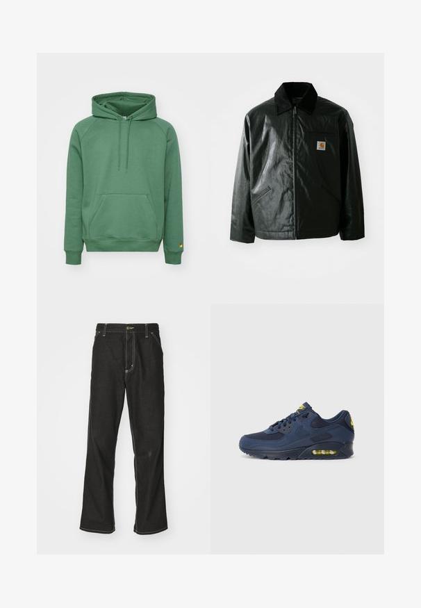 Chaqueta negra con cremallera hecha de un material liso y brillante. Presenta un cuello de pana, dos bolsillos frontales y un pequeño parche con el logo en el pecho.; Sudadera de algodón verde con bolsillo canguro, capucha ajustable con cordón y puños acanalados, con un acento de hardware dorado en la manga.; Jeans de mezclilla negra con un corte holgado, que cuentan con costuras blancas contrastantes, cierre de botón y un diseño de pierna recta.; Zapatillas Nike Air Max en color azul marino, con parte superior de ante y malla, que presentan acentos amarillos, cordones en la parte frontal y amortiguación de aire visible en la suela.