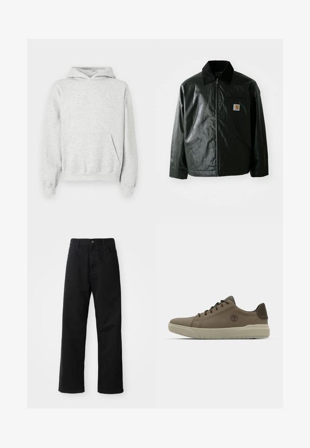 Svart zip-up jakke laget av jevnt, blankt materiale. Har en kordfløyelskrage, to frontlommer og en liten logo-lapp på brystet.; Grå hettegenser laget av bomullsblandingsstoff, med kenguru-lomme, ribbestrikket mansjetter og nederkant, og en hvit logo på venstre bryst.; Svart denimbukser med rett snitt, med frontlommer, glidelåsgylf og en enkelt knapp i toppen. Teksturert stoff med matt overflate.; Brune lærersneakers med lav profil, gummisål og grønne accenter; har logo på siden og teksturerte paneler for grep.