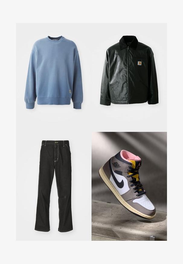 Black zip-up jacket made of smooth, shiny material. Features a corduroy collar, two front pockets, and a small logo patch on the chest.; Light blue sweatshirt made of soft fabric, featuring a round neck, long sleeves, ribbed cuffs and hem, with a small logo tag near the bottom.; Black denim jeans with a loose fit, featuring contrasting white stitching, a button closure, and a straight leg design.; High-top Nike Air Jordan sneaker in white, grey, and black with pink interior and yellow tongue, positioned on a concrete surface.