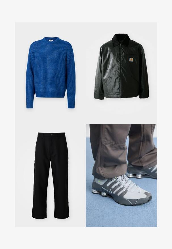 Μαύρο μπουφάν με φερμουάρ, φτιαγμένο από λείο, γυαλιστερό υλικό. Διαθέτει κοτλέ γιακά, δύο μπροστινές τσέπες και μια μικρή ετικέτα λογότυπου στο στήθος.; Μπλε πλεκτό πουλόβερ με ριμπ υφή, στρογγυλή λαιμόκοψη και μακριά μανίκια. Διαθέτει διακριτικό λογότυπο και άνετη εφαρμογή.; Μαύρο παντελόνι με ίσια γραμμή, με βρόχους ζώνης, κουμπί μπροστά και φερμουάρ, σε ανοιχτόχρωμο φόντο.; Γκρίζα και ασημένια αθλητικά παπούτσια Nike Shox με κομψό σχεδιασμό, από πλέγμα και συνθετικά υλικά, στρογγυλή μύτη και επενδεδυμένο κολάρο.