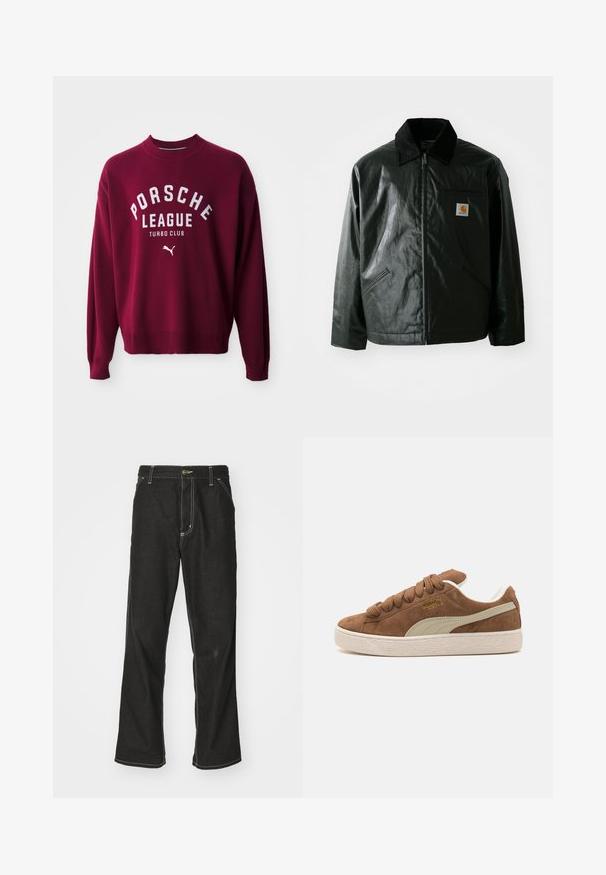 Schwarze Zip-Jacke aus glattem, glänzendem Material. Verfügt über einen Cordkragen, zwei Fronttaschen und ein kleines Logo-Patch auf der Brust.; Bordeaux-farbener Strickpullover mit gerippten Bündchen und Saum, mit weißem Text: "PORSCHE LEAGUE TURBO CLUB" und einem kleinen weißen Puma-Logo.; Schwarze Denim-Jeans mit lockerer Passform, kontrastierenden weißen Nähten, einem Knopfverschluss und geradem Bein.; Braune Wildleder-Sneaker mit cremefarbenen Akzenten, flachen Schnürsenkeln, strukturiertem weißen Gummisohle und goldfarbener Logodetail auf der Seite. Klassisches Low-Top-Design.