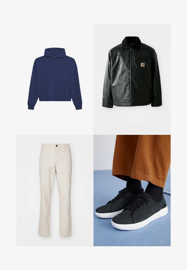 Giacca nera con zip realizzata in materiale liscio e lucido. Presenta un colletto in corduroy, due tasche frontali e una piccola patch con logo sul petto.; Felpa blu navy in materiale felpato, con tasca a marsupio frontale, polsini a costine e una vestibilità comoda con cappuccio regolabile.; Pantaloni in cotone beige con gamba dritta, dotati di due tasche frontali, chiusura con un bottone e dettagli di cucitura in evidenza.; Sneakers in suede nera con suole in gomma bianca, dotati di un design con lacci, accenti testurizzati e branding sottile, abbinati a pantaloni marroni.