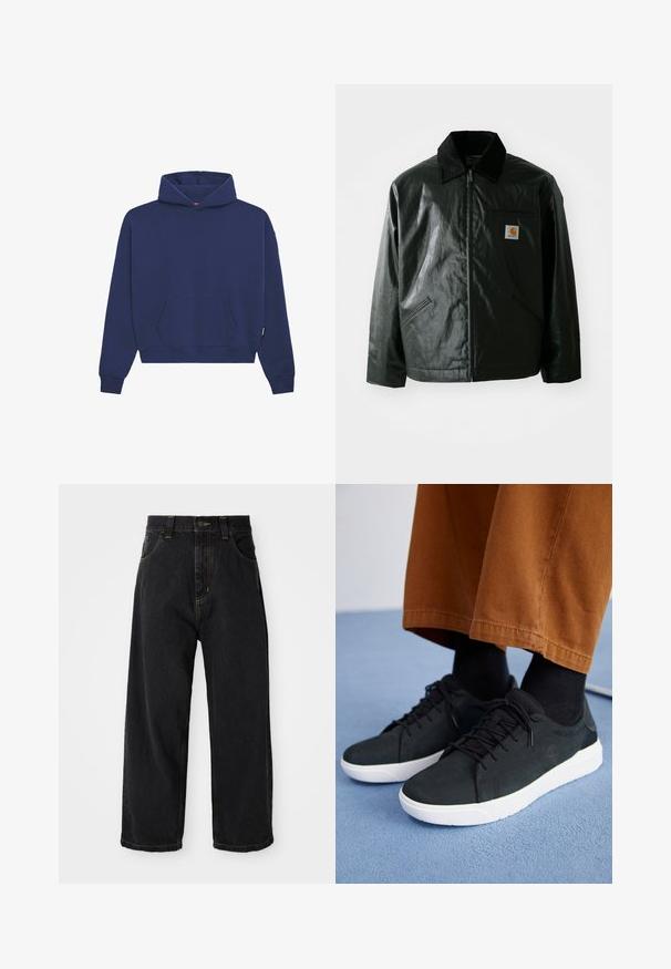 Melnā zip-up jaka, izgatavota no gludas, spīdīgas materiāla. Ir korduroja apkakle, divas priekšējās kabatas un neliela logo placdarma uz krūtīm.; Tumši zils kapuci džemperis, izgatavots no fleece materiāla, ar priekšējo kangaroo kabatu, ribotiem aproces un brīvu piegriezumu ar aukliņu kapucē.; Melnas platās kāju džinsu bikses ar augstu jostasvietu, priekšējo pogu, rāvējslēdzēju un dzelteno stitched lomu kabatām un šuvēm.; Melnas zamšādas kedas ar baltām gumijas zolēm, ar saistāmām auklām, tekstūrētām detaļām un diskrētu zīmolu, apvienotas ar brūniem biksēm.