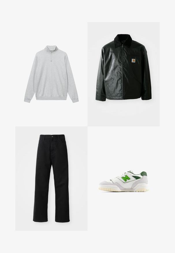 Black zip-up jacket made of smooth, shiny material. Features a corduroy collar, two front pockets, and a small logo patch on the chest.; Les Deux DEXTER HALF ZIP - Sweatshirt - snow melange; Black denim pants with a straight cut, featuring front pockets, a zip fly, and a single top button. Textured fabric with a matte finish.; White sneaker with green accents, made of leather and suede. Features a textured upper, padded collar, and a rubber sole with visible tread.