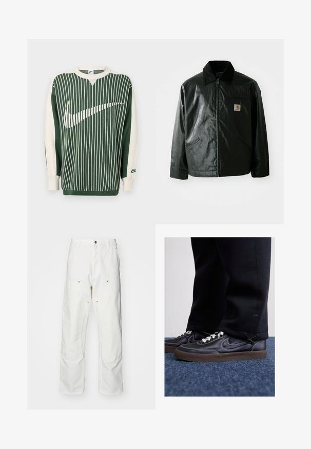 Juodas užtrauktuku užsegamas švarkas, pagamintas iš glotnaus, blizgaus medžiagos. Savybė - keteros apykaklė, dvi priekinės kišenės ir mažas logotipo ženklelis ant krūtinės.; Žalias ir kreminis megztinis su vertikaliomis juostomis, dideliu baltu „Nike“ logotipu, ribinėmis rankogaliais ir apvalia apykakle.; Balti medvilniniai kargo džinsai su laisvu siluetu. Ypatybės apima priekines kišenes, auksinius apdailos elementus ir sustiprintas kelio dalis.; Nike Sportswear KILLSHOT 2 LTR PRM OPP2 - Sportbačiai - black sail baroque brown mtlc dk grey