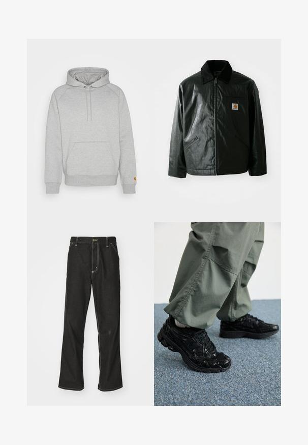 Must mustaga, läikiva materjaliga musta värvi jakk. Omab kordonilõikega kraed, kahte esikäe taskut ja väikest logo sildi rinnal.; Hallgray kapuutsiga spordijakk, millel on känguru tasku, soonikkoesäärised ja -äär, vasakul varrukal logotempel. Pehme kangast tekstuur.; Mustadest denimist püksid, lahtise lõikega, kontrastsete valgete õmblustega, nööbiga kinnitamine ja sirge säär.; Mustad mustad jooksukingad läikiva ja võrgumaterjaliga tekstuuriga, paksu tallaga ja paeltega, koos lodevate oliiviroheliste cargo-pükstega.