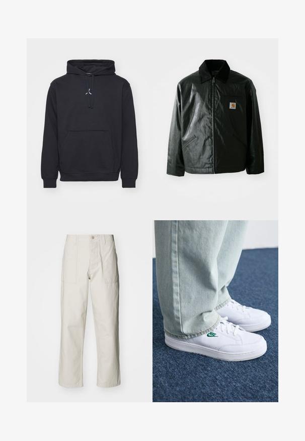 Black zip-up jacket made of smooth, shiny material. Features a corduroy collar, two front pockets, and a small logo patch on the chest.; Black hooded sweatshirt made of cotton blend. Features a kangaroo pocket, ribbed cuffs, and a small white logo on the chest.; Light beige wide-leg pants made of cotton. Features front pockets and a button closure. Smooth texture with subtle vertical lines.; White leather sneakers with green Nike logo, round toe, flat sole, paired with light blue denim pants, shown on a blue carpet.