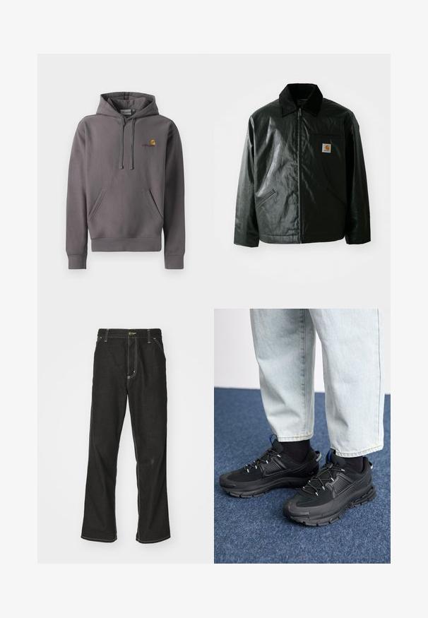 Crna zip-up jakna izrađena od glatkog, sjajnog materijala. Ima okovratnik od kordura, dva prednja džepa i mali logotip na prsima.; Sivi dukserica od mekog materijala, s prednjim džepom, podešivom kapuljačom i malim veznim logotipom na prsima.; Crne traperice s opuštenim krojem, s kontrastnim bijelim šavovima, zakovicom za zatvaranje i ravnim nogavicama.; Crne atletske cipele s teksturiranom tkaninom i gumene potplate, s elastičnim vezicama i plavim akcentom na peti. Nosene su s svijetlim trapericama.