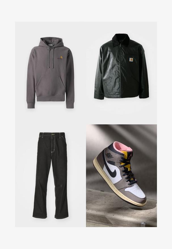 Black zip-up jacket made of smooth, shiny material. Features a corduroy collar, two front pockets, and a small logo patch on the chest.; Gray hoodie made of soft fabric, featuring a front pocket, adjustable drawstring hood, and a small embroidered logo on the chest.; Black denim jeans with a loose fit, featuring contrasting white stitching, a button closure, and a straight leg design.; High-top Nike Air Jordan sneaker in white, grey, and black with pink interior and yellow tongue, positioned on a concrete surface.