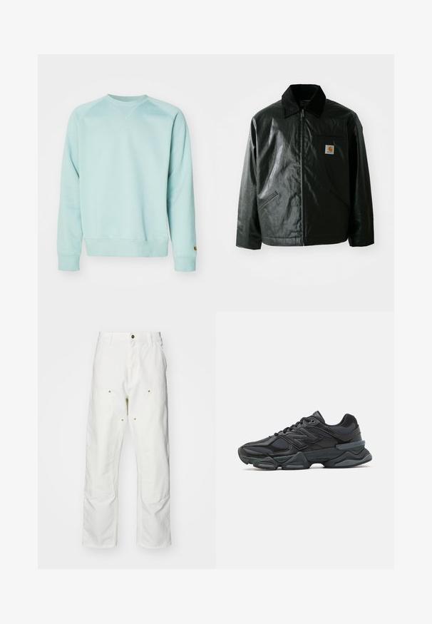 Fekete zipzáros dzseki sima, fényes anyagból. Kordbársony gallérral, két elülső zsebbel és egy kis logós felvarrással a mellkason.; Világoskék pulóver, kerek nyakú és bordázott mandzsettával. Laza szabású, a hosszú ujjon pedig egy kis logó részlet található.; Fehér pamut cargo nadrág, laza szabású. Jellemzői közé tartozik az elülső zsebek, az arany színű fémalkatrészek és a megerősített térd részek.; Fekete futócipő, mely háló és szintetikus anyagok keverékéből készült, vastag talppal, ívelt kialakítással és hangsúlyos logóval az oldalon.