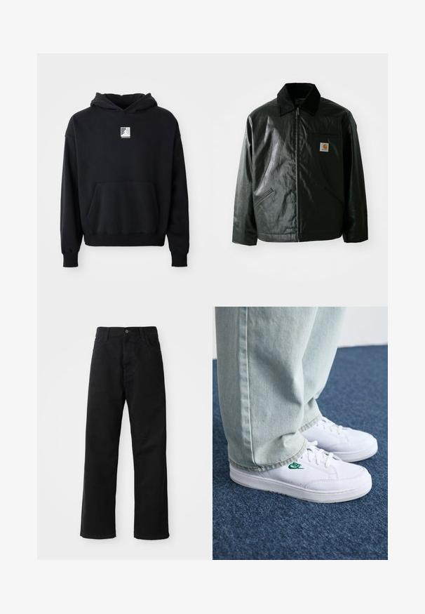 Czarna kurtka zapinana na zamek, wykonana z gładkiego, błyszczącego materiału. Posiada kołnierz z kordurowej tkaniny, dwie przednie kieszenie oraz małą naszywkę z logo na klatce piersiowej.; Czarna bluza z kapturem z kieszenią na przodzie i małym białym logo Jordana umieszczonym na środku klatki piersiowej, wyeksponowana na jednolitym białym tle.; Czarne dżinsy o prostym kroju, z przednimi kieszeniami, zamkiem błyskawicznym i pojedynczym guzikem z przodu. Teksturowana tkanina o matowym wykończeniu.; Białe skórzane sneakersy z zielonym logo Nike, okrągły czubek, płaska podeszwa, zestawione z jasnoniebieskimi dżinsami, pokazane na niebieskim dywanie.