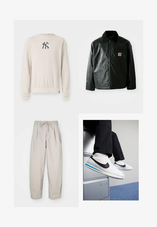 Black zip-up jacket made of smooth, shiny material. Features a corduroy collar, two front pockets, and a small logo patch on the chest.; Beige ribbed sweatshirt featuring a navy logo on the chest, round neck, and banded cuffs. Smooth texture with a relaxed fit design.; Beige, lightweight trousers with an elastic waistband and drawstring. Features pleats and a loose fit, crafted from soft, smooth fabric.; White leather sneakers with a black Nike swoosh, light blue and grey rubber sole, and classic lace-up design. Feet resting on a filing cabinet.