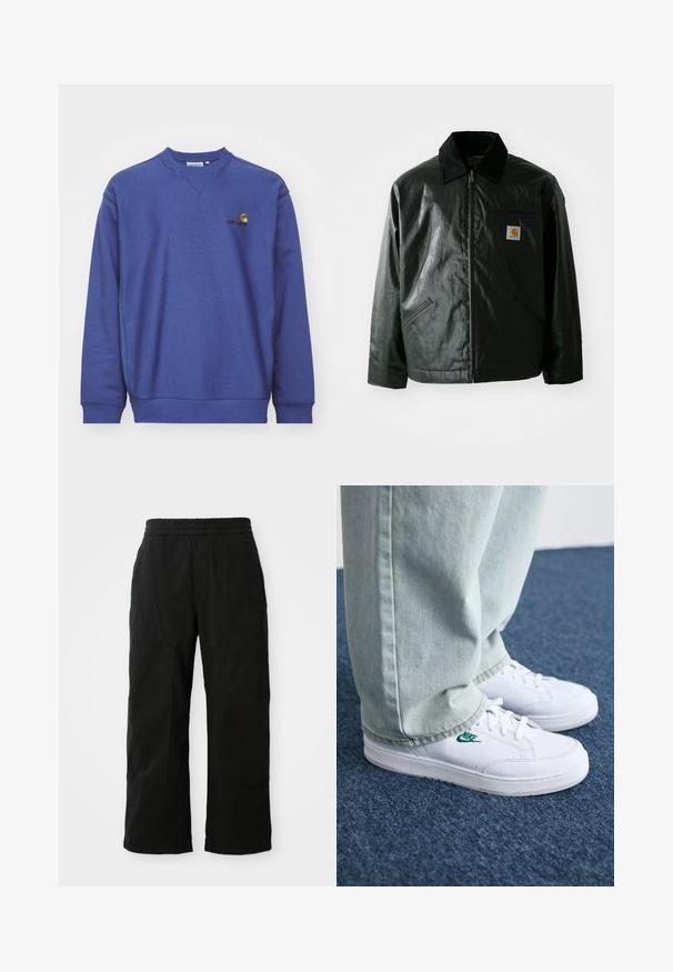 Črna jakna na zadrgo, izdelana iz gladkega, sijočega materiala. Ima žametni ovratnik, dva sprednja žepa in majhno oznako logotipa na prsih.; Modra flisasta majica s ribanim manžetami in robom. Ima okroglo ovratnico in majhen vezen logotip na prsih. Mehak tekstura.; Črne bombažne hlače z elastičnim pasom, širokim krojem in velikimi stranskimi žepi. Tkanina se zdi mehka s gladko teksturo.; Bela usnjena športna obutev z zelenim Nike logotipom, okrogla konica, ravna podplat, v kombinaciji z svetlo modrimi kavbojkami, prikazana na modrem preprogu.