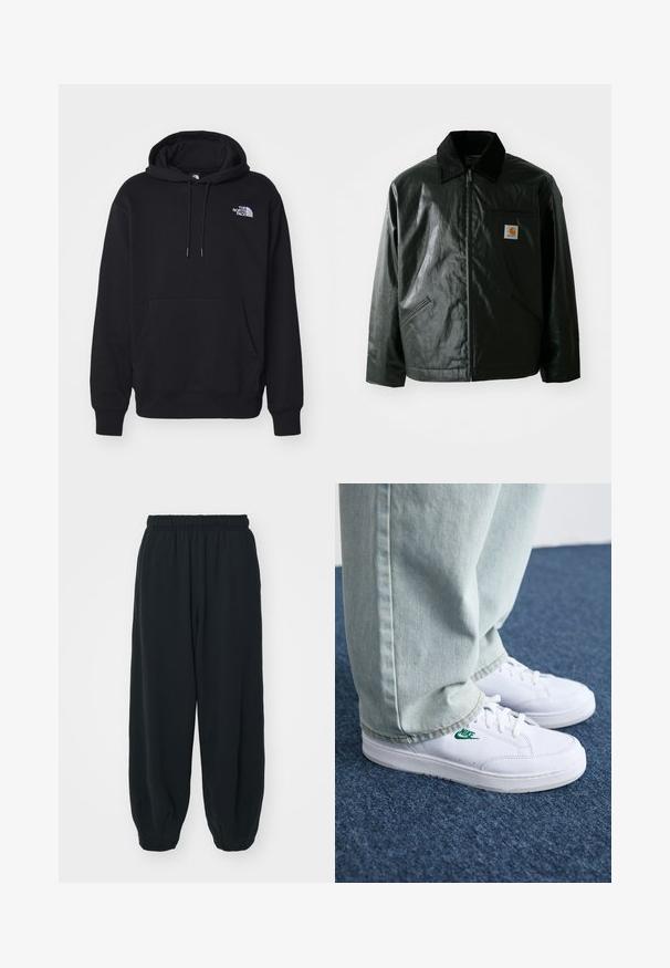 Giacca nera con zip realizzata in materiale liscio e lucido. Presenta un colletto in corduroy, due tasche frontali e una piccola patch con logo sul petto.; Felpa nera con cappuccio in tessuto morbido, dotata di tasca frontale, cordoncino per il cappuccio e piccolo logo bianco sulla parte superiore sinistra del petto.; Pantaloni da jogging neri con vita elasticizzata, dalla vestibilità morbida, caviglie a costina, texture liscia e senza motivi visibili o dettagli in metallo.; Sneakers in pelle bianca con logo Nike verde, punta rotonda, suola piatta, abbinati a pantaloni in denim azzurro, mostrati su un tappeto blu.