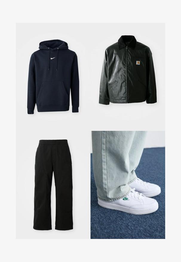 Giacca nera con zip realizzata in materiale liscio e lucido. Presenta un colletto in corduroy, due tasche frontali e una piccola patch con logo sul petto.; Felpa con cappuccio blu navy realizzata in tessuto misto cotone, dotata di tasca a marsupio, cappuccio con cordino e logo Nike bianco sul petto.; Pantaloni neri in cotone con vita elastica, design a gamba larga e grandi tasche laterali. Il tessuto sembra morbido con una texture liscia.; Sneakers in pelle bianca con logo Nike verde, punta rotonda, suola piatta, abbinati a pantaloni in denim azzurro, mostrati su un tappeto blu.
