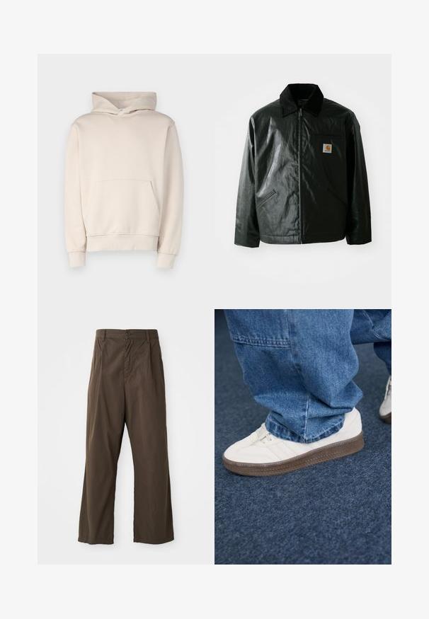 Svart zip-up jakke laget av jevnt, blankt materiale. Har en kordfløyelskrage, to frontlommer og en liten logo-lapp på brystet.; Beige hette laget av mykt stoff, med en frontlomme, ribbestrikkede mansjetter og hette med snøring. Enkel, uornamentert design.; Brune, vide bukser lavet af bomuld med en frontknaplukning, bæltestropper og en glat, mat tekstur.; Hvite sneakers med teksturerte brune gummisåler, med tre horisontale striper og en glatt overflate, iført denimbukser.