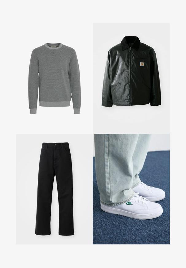 Black zip-up jacket made of smooth, shiny material. Features a corduroy collar, two front pockets, and a small logo patch on the chest.; Gray knit sweater with a round neckline, long sleeves, and ribbed cuffs. Features a textured fabric and a subtle pattern throughout.; Black denim pants with a straight cut, featuring front pockets, a zip fly, and a single top button. Textured fabric with a matte finish.; White leather sneakers with green Nike logo, round toe, flat sole, paired with light blue denim pants, shown on a blue carpet.