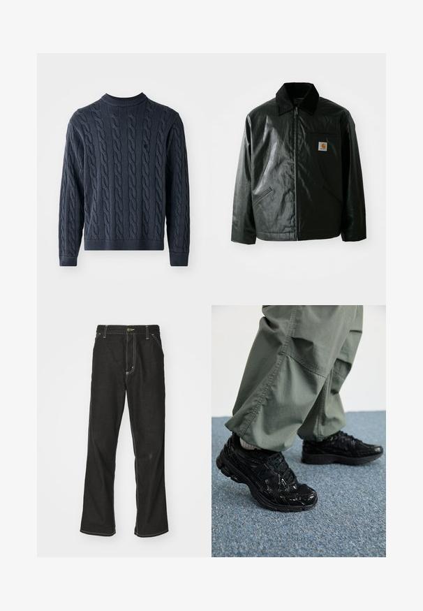 Black zip-up jacket made of smooth, shiny material. Features a corduroy collar, two front pockets, and a small logo patch on the chest.; Navy blue knitted sweater featuring a cable pattern, crew neck, and ribbed cuffs and hem. Made of textured fabric for warmth.; Black denim jeans with a loose fit, featuring contrasting white stitching, a button closure, and a straight leg design.; Black athletic sneakers with glossy and mesh textures, featuring a thick sole and laces, paired with loose olive-green cargo pants.