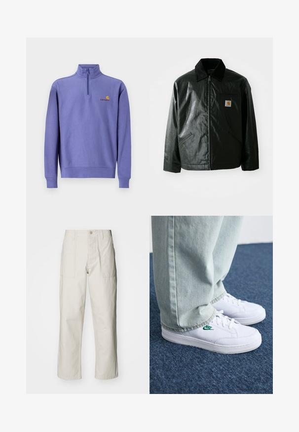 Schwarze Zip-Jacke aus glattem, glänzendem Material. Verfügt über einen Cordkragen, zwei Fronttaschen und ein kleines Logo-Patch auf der Brust.; Lila Fleece-Pullover mit einem halben Reißverschluss, gerippten Ärmelbündchen und Saum. Mit einem kleinen gelben Logo und Markennamen auf der Brust. Glatte Textur.; Helle beige weit geschnittene Hose aus Baumwolle. Verfügt über Fronttaschen und einen Knopfverschluss. Glatte Textur mit dezenten vertikalen Streifen.; Weiße Leder-Sneaker mit grünem Nike-Logo, runde Zehenpartie, flache Sohle, kombiniert mit hellblauen Jeans, präsentiert auf einem blauen Teppich.