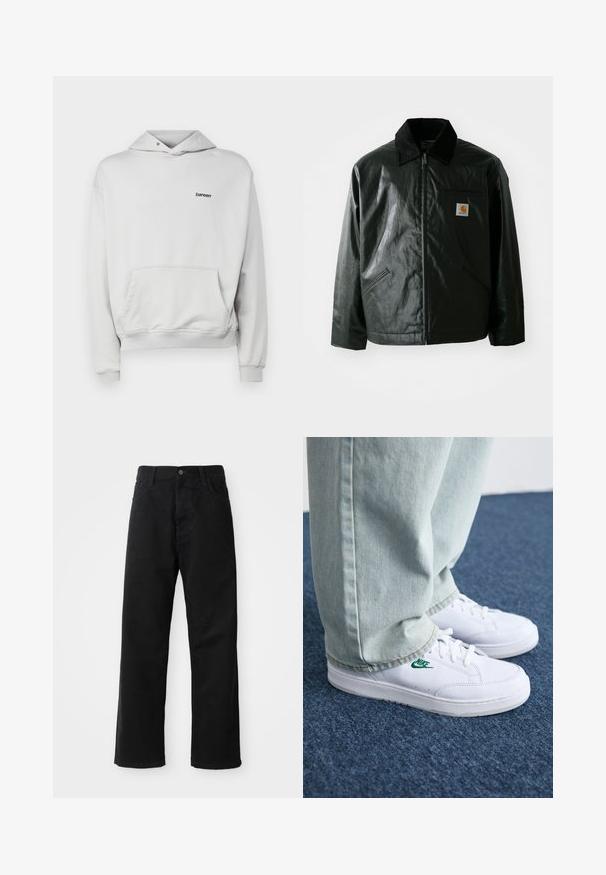 Zwarte ritssluiting jas van glad, glanzend materiaal. Heeft een corduroy kraag, twee voorzakken en een klein logo label op de borst.; Bareen BOJAN OVERSIZE HOODIE - Sweater - micro chip; Zwarte denim broek met een rechte pasvorm, voorzien van voorzakken, een rits en een enkele bovenste knoop. Gestructureerde stof met een matte afwerking.; Witte leren sneakers met groen Nike-logo, ronde neus, platte zool, gedragen met lichtblauwe denim broek, weergegeven op een blauwe vloerkleed.