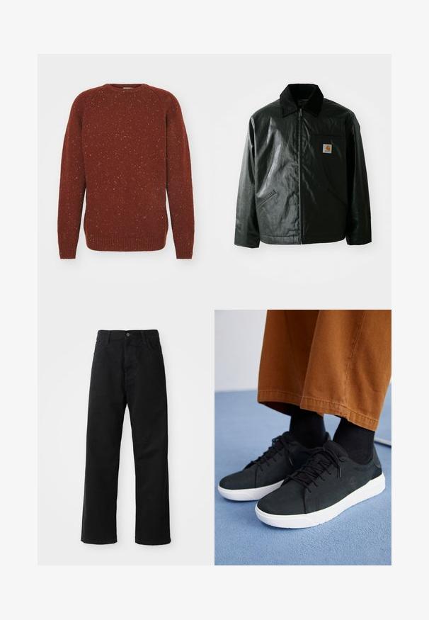 Jachetă neagră cu fermoar, confecționată dintr-un material neted și lucios. Prezintă un guler din catifea, două buzunare frontale și un mic logo brodat pe piept.; Carhartt WIP ANGLISTIC - Pulover - speckled offroad; Pantaloni din denim negri cu croi drept, având buzunare frontale, fermoar și un singur buton la partea superioară. Țesătură texturată cu un finisaj mat.; Adidași negri din suede cu talpă din cauciuc albă, cu un design cu șireturi, accente texturate și branding subtil, asortați cu pantaloni maro.