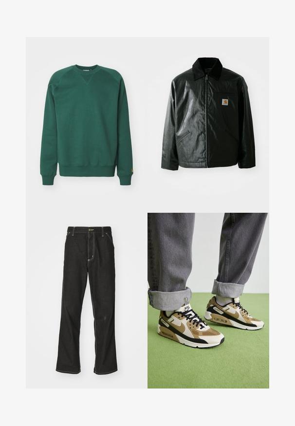 Črna jakna na zadrgo, izdelana iz gladkega, sijočega materiala. Ima žametni ovratnik, dva sprednja žepa in majhno oznako logotipa na prsih.; Zeleni bombažni pulover z okroglim izrezom, raglan rokavi, rebrasti manšeti in logotipom na robu. Gladka tekstura in sproščen dizajn.; Črne jeans hlače ohlapenega kroja, ki imajo kontrastno belo šivanje, zapiranje na gumb in ravno nogavico.; Nike Air Max 90 športni copati v bež in črni barvi, s kombinacijo mrežnih in usnjenih materialov, vidno blaženje in črne vezalke.