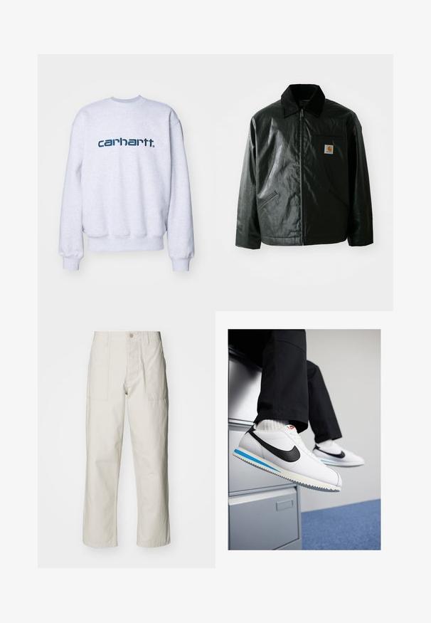 Fekete zipzáros dzseki sima, fényes anyagból. Kordbársony gallérral, két elülső zsebbel és egy kis logós felvarrással a mellkason.; Carhartt WIP Melegítőfelső - ash heather/duck blue; Világos bézs, bő szárú nadrág, pamutból készült. Elöl zsebekkel és gombos záródással rendelkezik. Simított textúrájú, finom függőleges csíkokkal.; Fehér bőr sportcipő fekete Nike logóval, világoskék és szürke gumitalppal, valamint klasszikus fűzős kialakítással. A lábak egy iratmegőrző szekrényen pihennek.