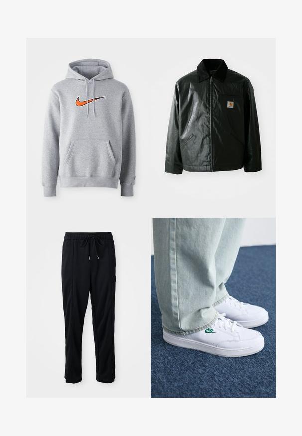 Casaco preto com fecho éclair, feito de material liso e brilhante. Apresenta um colarinho de veludo, dois bolsos frontais e um pequeno emblema no peito.; Moletão cinza com capuz feito de uma mistura de algodão. Apresenta um bolso canguru e capuz com cordão. Logo da Nike em laranja bordado no peito.; Calças casuais pretas com cordão na cintura, com bolsos laterais e corte reto, sobre um fundo simples.; Tênis de couro brancos com logo verde da Nike, bico redondo, sola plana, combinados com calças de denim azul claro, exibidos sobre um tapete azul.