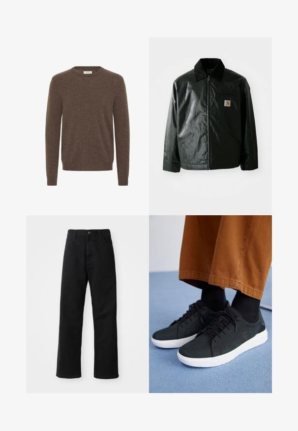 Zwarte ritssluiting jas van glad, glanzend materiaal. Heeft een corduroy kraag, twee voorzakken en een klein logo label op de borst.; Bruine gebreide trui met een ronde halslijn, lange mouwen en een zachte textuur. Eenvoudig ontwerp zonder zichtbare patronen of accenten.; Zwarte denim broek met een rechte pasvorm, voorzien van voorzakken, een rits en een enkele bovenste knoop. Gestructureerde stof met een matte afwerking.; Zwarte suède sneakers met witte rubberen zolen, voorzien van een vetersluiting ontwerp, textuuraccenten en subtiele branding, gedragen met bruine broeken.