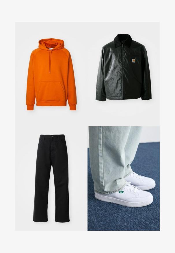 Must mustaga, läikiva materjaliga musta värvi jakk. Omab kordonilõikega kraed, kahte esikäe taskut ja väikest logo sildi rinnal.; Oranž kapuutsiga pusakas, millel on esine känguru tasku, reguleeritav kapuuts ja ribikant. Valmistatud pehmest kangast, millel on sile tekstuur.; Mustadest denimist püksid sirge lõikega, mis sisaldavad ees taskuid, lukufliisi ja ühte ülemist nööpi. Tekstureeritud kangas mati viimistlusega.; Valged nahast tennisetossud rohelise Nike logo ja ümarate varvastega, lamedate taldadega, koos helesiniste teksapükstega, esitatud sinisel vaibal.