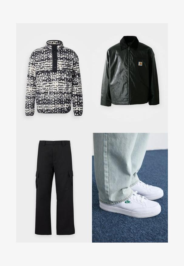 Fekete zipzáros dzseki sima, fényes anyagból. Kordbársony gallérral, két elülső zsebbel és egy kis logós felvarrással a mellkason.; Columbia HELVETIA - Polárpulóver - black; Fekete cargo nadrág egyenes szárú kialakítással. Tartós anyagból készült, két oldalzsebbel, tépőzáras fedéllel és gombos zipzárral.; Fehér bőr sportcipők zöld Nike logóval, kerek orral, lapos talppal, világoskék farmernadrággal párosítva, kék szőnyegen bemutatva.
