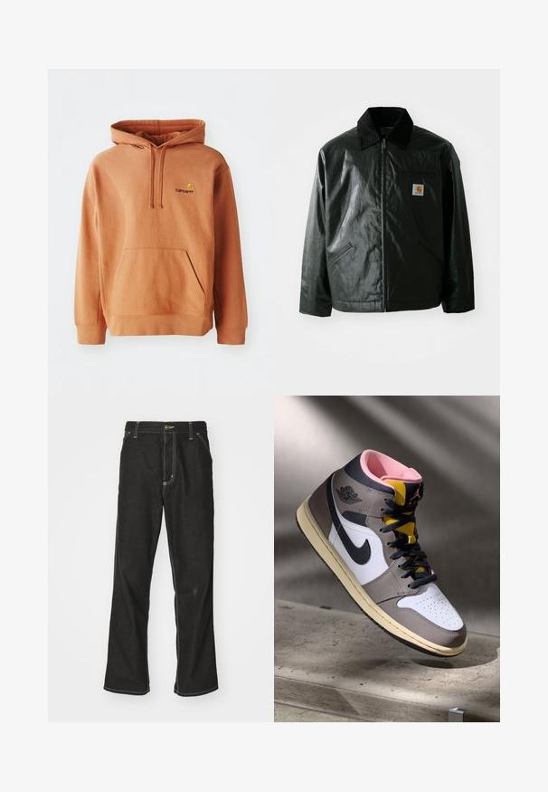 Veste noire zippée en matériau lisse et brillant. Elle dispose d'un col en velours côtelé, de deux poches avant et d'un petit écusson logo sur la poitrine.; Hoodie orange en mélange de coton avec une poche frontale, capuche à cordon de serrage ajustable et logo brodé sur la poitrine.; T-shirt en coton noir à manches courtes, col rond et poche sur la poitrine gauche avec un patch logo carré. Design simple et sans ornement.; Jean en denim noir avec une coupe ample, comportant des coutures blanches contrastantes, une fermeture à bouton et un design à jambes droites.; Sneaker Nike Air Jordan montante en blanc, gris et noir avec un intérieur rose et une languette jaune, posé sur une surface en béton.