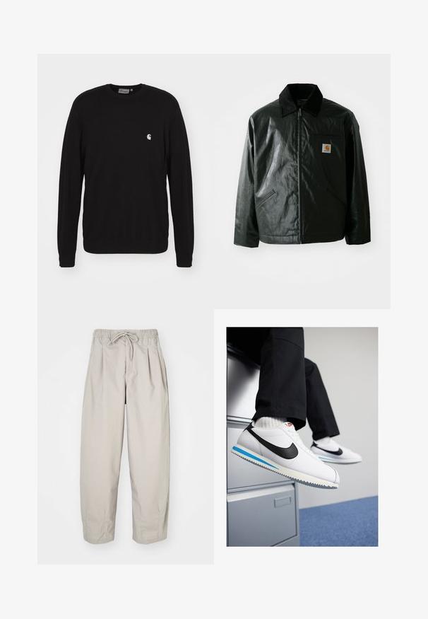 Melnā zip-up jaka, izgatavota no gludas, spīdīgas materiāla. Ir korduroja apkakle, divas priekšējās kabatas un neliela logo placdarma uz krūtīm.; Carhartt WIP Ikdienas džemperis - black; Beige, viegla auduma bikses ar elastīgu jostu un auklu. Iespējas - krokas un brīvs piegriezums, izgatavotas no mīksta, gluda auduma.; Baltas ādas sporta apavi ar melnu Nike zīmi, gaiši zilu un pelēku gumijas zoli un klasisku auklu dizainu. Kājām atpūšoties uz dokumentu skapja.