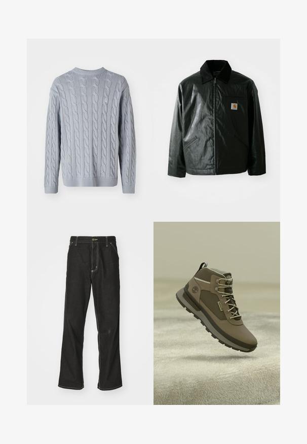 Crna zip-up jakna izrađena od glatkog, sjajnog materijala. Ima okovratnik od kordura, dva prednja džepa i mali logotip na prsima.; Svijetloplavi pleteni pulover s uzorkom pletenica, dugih rukava i okruglog izreza. Rebraste manžete i rub dodaju teksturu i strukturu.; Crne traperice s opuštenim krojem, s kontrastnim bijelim šavovima, zakovicom za zatvaranje i ravnim nogavicama.; Smeđe planinarske čizme s teksturiranim gornjištem, sivi detalji, izdržljive vezice i gumeni potplat s uzorkom za bolje prianjanje.