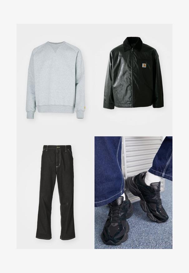 Must mustaga, läikiva materjaliga musta värvi jakk. Omab kordonilõikega kraed, kahte esikäe taskut ja väikest logo sildi rinnal.; Hallhall harjasteega V-kaelusega hall toss, ribakäised ja -äär. Vasakul varrukal on väike kollane logo. Pehme puuvillasegu tekstuur.; Mustadest denimist püksid, lahtise lõikega, kontrastsete valgete õmblustega, nööbiga kinnitamine ja sirge säär.; Mustad mustad tossud, mis sisaldavad nii tekstuuri kui siledat materjali, silmapaistva nöörimise ja jämeda tallaga, koos tumedate teksapükstega.